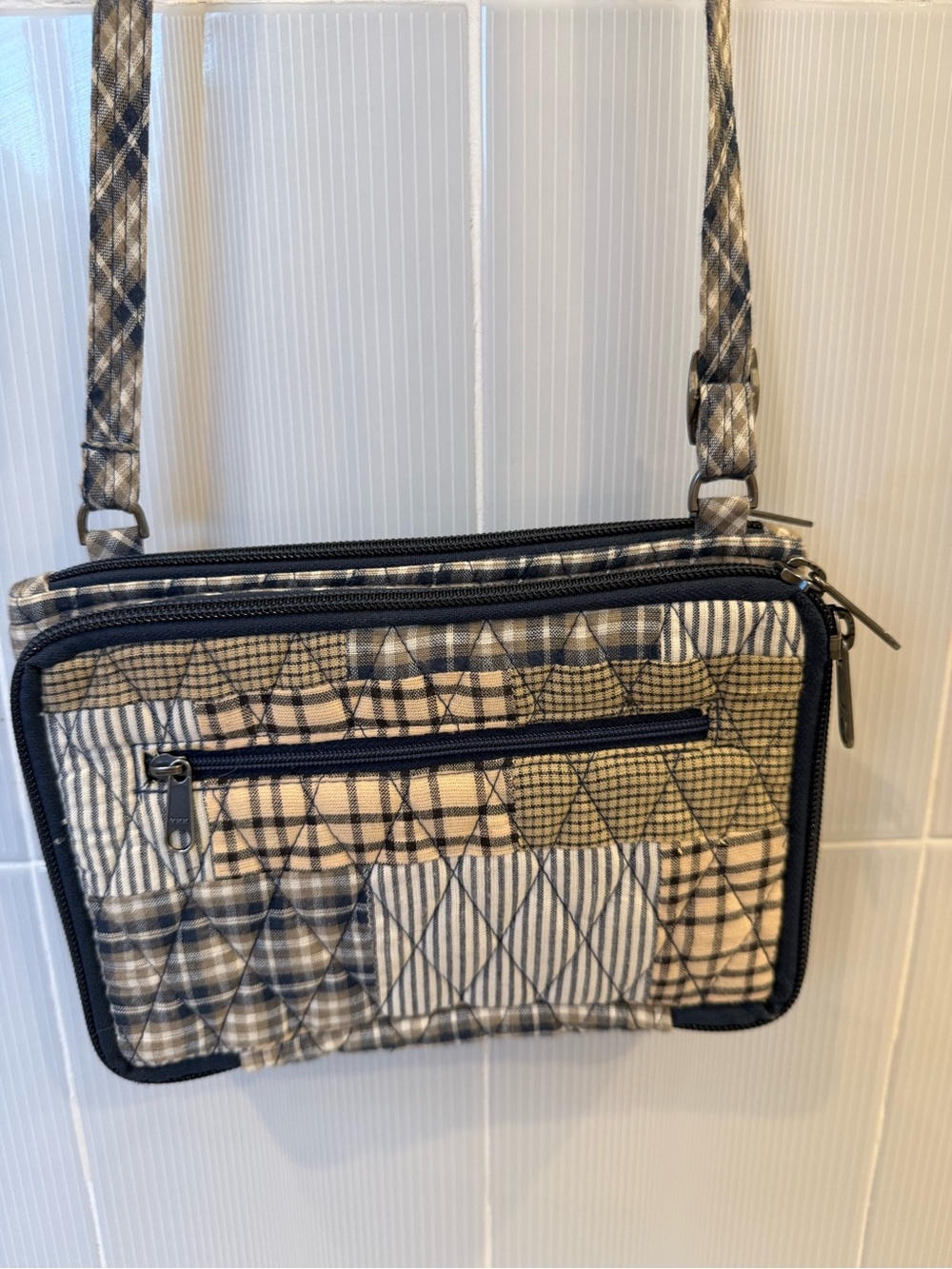 Quilted Patchwork Crossbody Bag in Navy and Beige